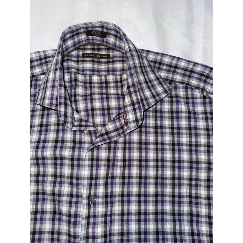 Peter Millar Long Sleeve Button Down Purple Plaid Cotton Shirt Men's Size Medium